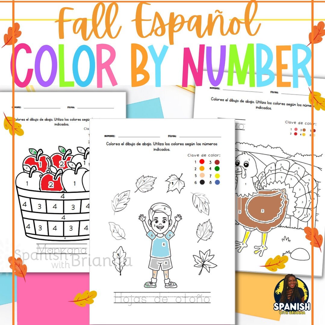 Bilingual Fall Coloring Pages Color by Number bilingües del otoño Autumn Spanish Coloring Pages - Paginas de colorear de otoño - Fall Color