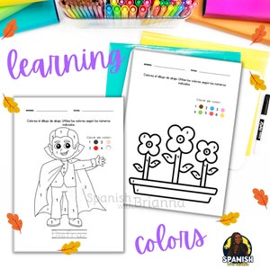 Pode incluir: Duas p&aacute;ginas para colorir imprim&iacute;veis para crian&ccedil;as. A primeira p&aacute;gina apresenta um vampiro com uma capa e a segunda p&aacute;gina apresenta tr&ecirc;s flores em um vaso. Ambas as p&aacute;ginas t&ecirc;m uma chave de cor com n&uacute;meros que correspondem a diferentes cores.