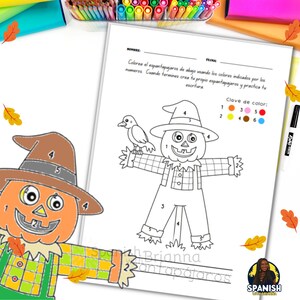 Pode incluir: Um desenho a preto e branco de um espantalho com cabe&ccedil;a de ab&oacute;bora. O espantalho est&aacute; a usar um chap&eacute;u, uma camisa de xadrez e um macac&atilde;o. O espantalho est&aacute; a segurar um p&aacute;ssaro na m&atilde;o direita. A imagem est&aacute; etiquetada com os n&uacute;meros de 1 a 6, que correspondem a uma chave de cor.