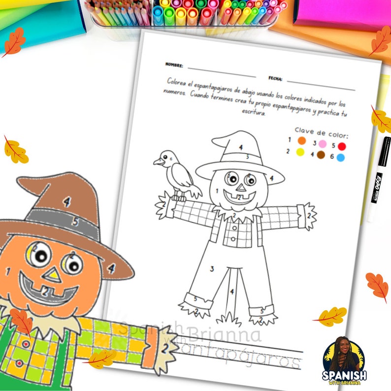 Pode incluir: Um desenho a preto e branco de um espantalho com cabe&ccedil;a de ab&oacute;bora. O espantalho est&aacute; a usar um chap&eacute;u, uma camisa de xadrez e um macac&atilde;o. O espantalho est&aacute; a segurar um p&aacute;ssaro na m&atilde;o direita. A imagem est&aacute; etiquetada com os n&uacute;meros de 1 a 6, que correspondem a uma chave de cor.