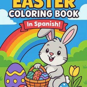 以下が含まれることがあります： イースターの卵が入ったバスケットを持った、漫画のウサギが描かれた塗り絵。本のタイトルは「Easter Coloring Book in Spanish!」。背景には虹があります。