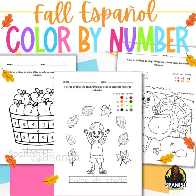 Pode incluir: Um conjunto de tr&ecirc;s p&aacute;ginas para colorir imprim&iacute;veis em espanhol com temas de outono. As p&aacute;ginas incluem uma cesta de ma&ccedil;&atilde;s, um menino com folhas caindo ao seu redor e um peru. Cada p&aacute;gina tem uma chave de cor e instru&ccedil;&otilde;es para colorir por n&uacute;mero.