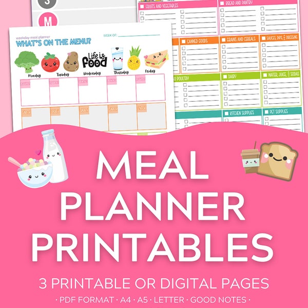 Colorful Meal Planner Printable,Digital Meal Planner,Kawaii Meal Tracker,Food Journal,Instant Download,Grocery List,Diet,WW,Points Tracker