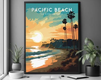 May include: A framed art print of Pacific Beach, San Diego, California. The artwork depicts a sunset over the beach with palm trees, waves, and a bright sun. The color palette includes shades of orange, blue, and brown.