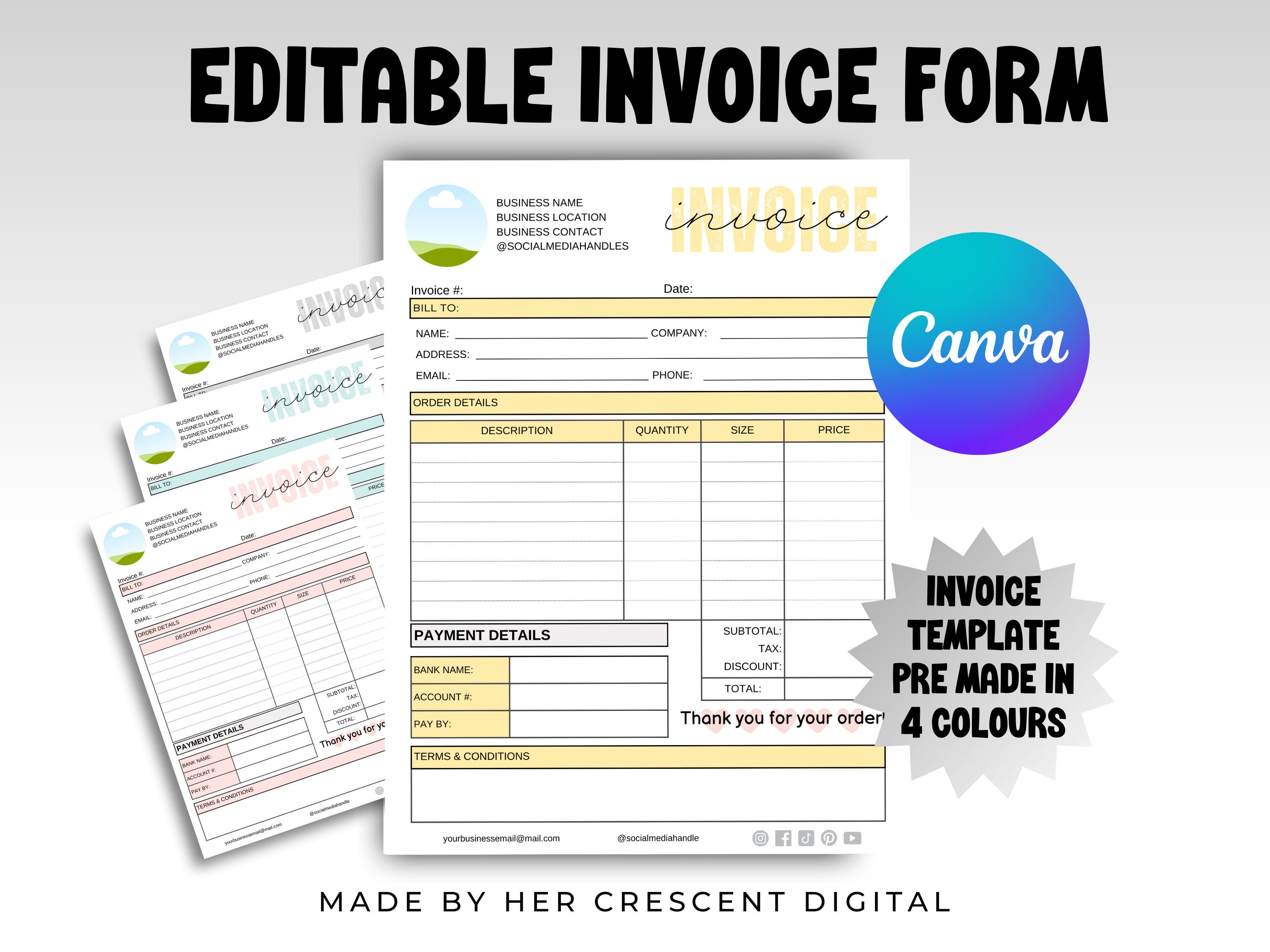 Editable Invoice Template, Small Business Custom Invoice Form ...
