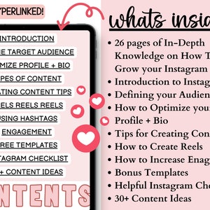May include: A pink and white digital graphic with the text "ALL HYPERLINKED!" and "whats inside?"  The graphic lists the contents of an Instagram growth guide, including 26 pages of in-depth knowledge, tips for creating content, and a checklist.