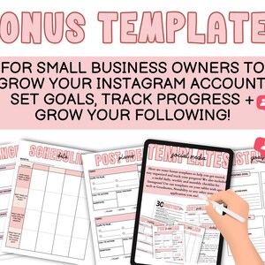 May include: A set of printable templates for Instagram account growth. The templates are designed to help small business owners set goals, track progress, and grow their following. The templates include a monthly performance tracker, a scheduling planner, a post ideas planner, a social media templates checklist, and an Instagram goals tracker.