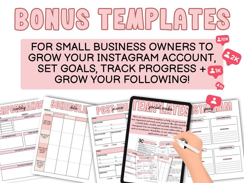 May include: A set of printable templates for Instagram account growth. The templates are designed to help small business owners set goals, track progress, and grow their following. The templates include a monthly performance tracker, a scheduling planner, a post ideas planner, a social media templates checklist, and an Instagram goals tracker.