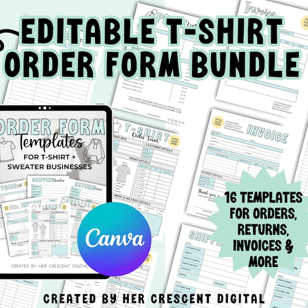 T-Shirt Order Form Bundle, 16 Editable Small Business Order Form Templates, T-Shirt, Sweater Order Form Templates, Digital Business Template