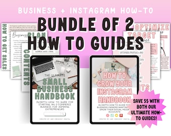 May include: A pink and green graphic with the text "Business + Instagram How-To Bundle of 2 How To Guides" and images of two digital guides titled "The Ultimate Small Business Handbook" and "The Ultimate How To Grow Your Instagram Handbook".