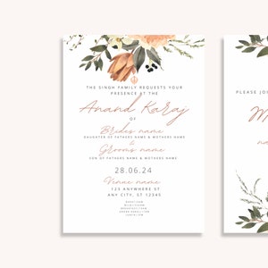 Editable Punjabi Wedding Invitation Template | Anand Karaj Invitation Set | Downloadable Sikh Wedding Cards | Modern Wedding | Fall Floral
