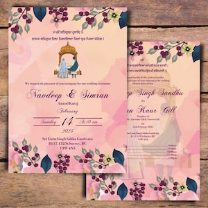 Sikh Wedding Invitation Card, Anand Karaj Card, Punjabi Wedding, Wedding Details with Seperate Bride & Groom Cards option, Wedding Sign