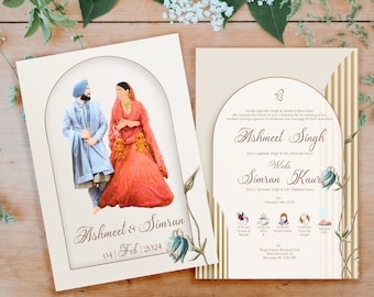 May include: A wedding invitation with a cream background and gold accents. The invitation features a watercolor illustration of a couple in traditional Indian attire. The text reads "Ashmeet Singh Weds Simran Kaur" and includes the date "February 14th, 2024".