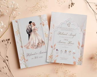 May include: A wedding invitation with a watercolor illustration of a couple in traditional Indian attire. The invitation features a gold and white floral design and the text "Ashmeet Singh Weds Simran Kaur".