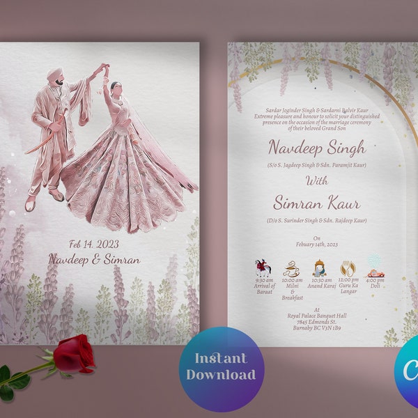 Bride and Groom Wedding Invitation, Punjabi Invitation, Punjabi Wedding, Wedding Details, Indian Wedding, Digital Wedding invite