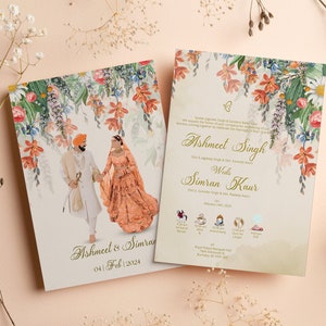 Bloemen personaliseren bruiloft uitnodigingen, Anand Karaj, receptie, pad, betrokkenheid, Mehndi, Haldi en Choora uitnodigingen
