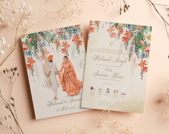 May include: A wedding invitation with a floral design. The invitation features a couple in traditional Indian attire, with the text "Ashmeet Singh weds Simran Kaur" and the date "04 | Feb | 2024".