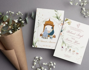 May include: A wedding invitation with a watercolor floral design. The invitation features a couple in traditional Indian attire standing in front of a golden temple. The text on the invitation reads "Ashmeet & Simran 02|10|24".