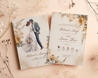 May include: A wedding invitation with a floral design. The invitation features a couple in a romantic pose, with the groom wearing a turban. The text on the invitation reads "Ashmeet Singh weds Simran Kaur".