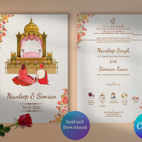 Tarjeta Anand Karaj, Tarjetas de flor blanca, Invitación de boda, Boda Punjabi, Detalles de la boda, Boda india, Invitación de boda digital