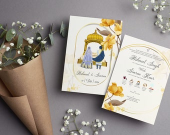 May include: A wedding invitation with a floral design. The invitation features a couple in traditional Indian attire standing in front of a golden temple. The text on the invitation reads "Ashmeet Singh weds Simran Kaur".