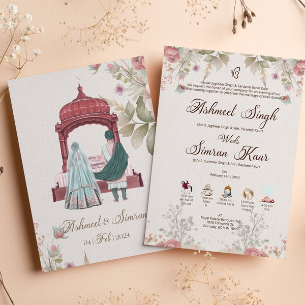 Personalized Sikh Wedding Invites, Anand Karaj, Reception, Path, Engagement, Mehndi, Haldi and Choora Invitations