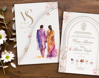 Hindu-Paar-Hochzeitseinladung, indische Hochzeit, Gujrati-Hochzeit, Empfangskarte, Ganesh Pooja-Einladung, Willkommensschild, Hochzeitsschild