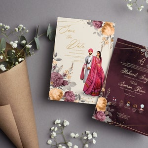 Convite de casamento roxo e amarelo, Anand Karaj, recepção, caminho, noivado, convites Mehndi, Haldi e Choora