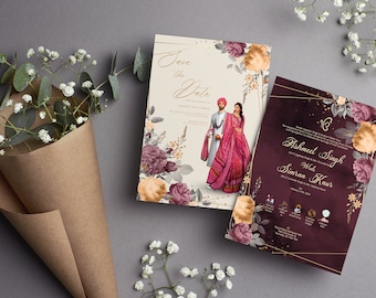 May include: Two wedding invitations with floral designs. The save the date card features a couple in traditional Indian attire. The wedding invitation features a burgundy background with gold accents and the text "Ashmeet Singh weds Simran Kaur".