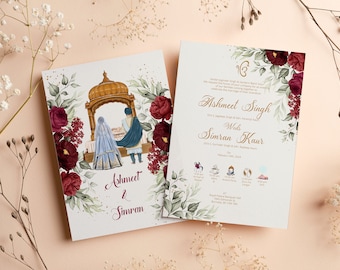 May include: A wedding invitation with a floral design featuring burgundy flowers and green leaves. The invitation includes the names Ashmeet Singh and Simran Kaur, and the date February 18th, 2024.