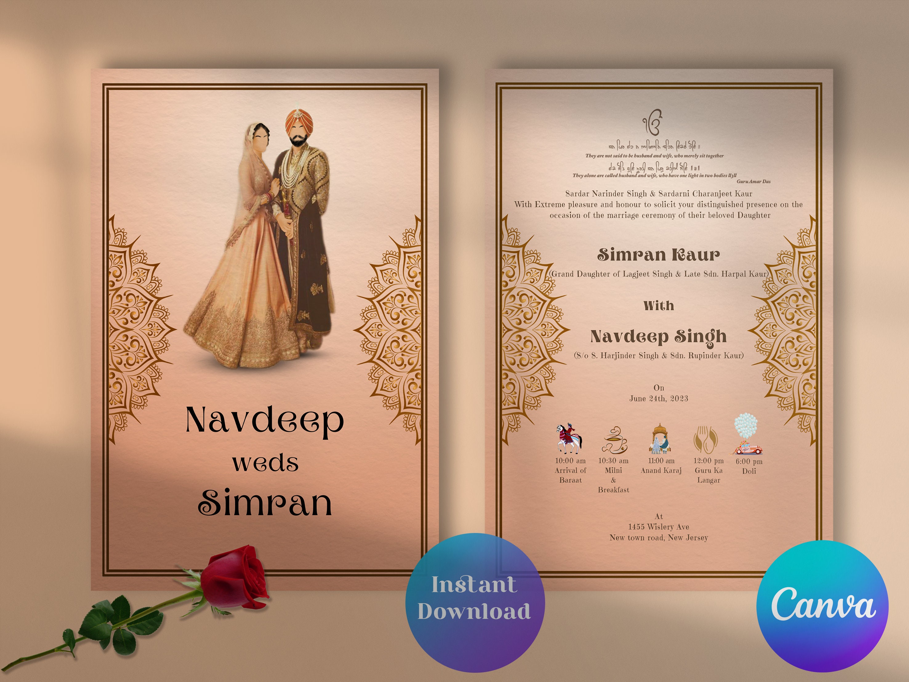 Wedding Invitation Punjabi Wedding Anand Karaj Card Sikh