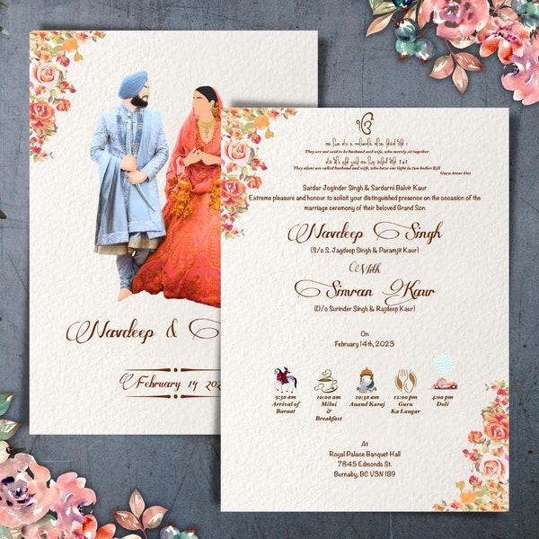 Sikh Hochzeitskarte, Anand Karaj, Punjabi Hochzeit, Hochzeitsdetails, indische Hochzeit, Willkommensschild, Hochzeitsschild, Sangeet Zeichen, Haldi Zeichen