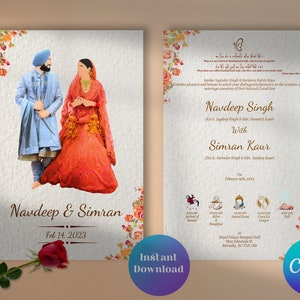 Cartão Anand Karaj, cartões de flor branca, convite de casamento, casamento punjabi, detalhes do casamento, casamento indiano, convite de casamento digital