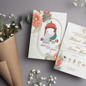 Aanpasbare huwelijksuitnodigingen, Anand Karaj, Receptie, Pad, Verloving, Mehndi, Haldi en Choora Uitnodigingen
