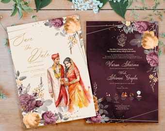Wunderschöne hinduistische Hochzeitseinladung, indische Hochzeit, Gujrati-Hochzeit, Empfangskarte, Ganesh Pooja-Einladung, Willkommensschild, Save the Date