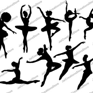 Peut inclure: Silhouettes de huit danseurs dans différentes poses de ballet. Les danseurs portent tous des tutus et sont dans différentes positions, notamment un grand jeté, un développé et un relevé.