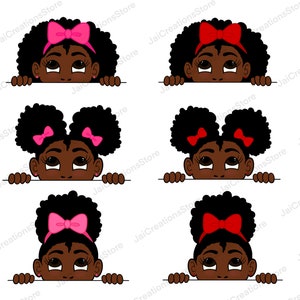 Peut inclure: Un ensemble de six illustrations numériques d'une jeune fille noire avec différentes coiffures et des nœuds. La fille regarde par-dessus une surface avec ses mains sur le bord. Les nœuds sont roses et rouges.