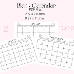 12 month blank calendar, Blank Calendar, Printable Calendar, Minimalistic Calendar, Calendar, Reusable Calendar, Digital Calendar
