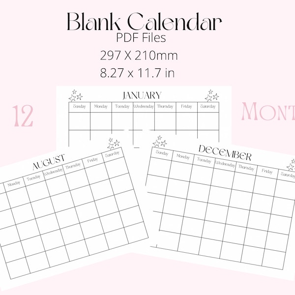 12 month blank calendar, Blank Calendar, Printable Calendar, Minimalistic Calendar, Calendar, Reusable Calendar, Digital Calendar