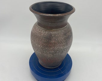 ヴィンテージ抽象楽焼陶器花瓶、内側はターコイズ入り、5.75インチ