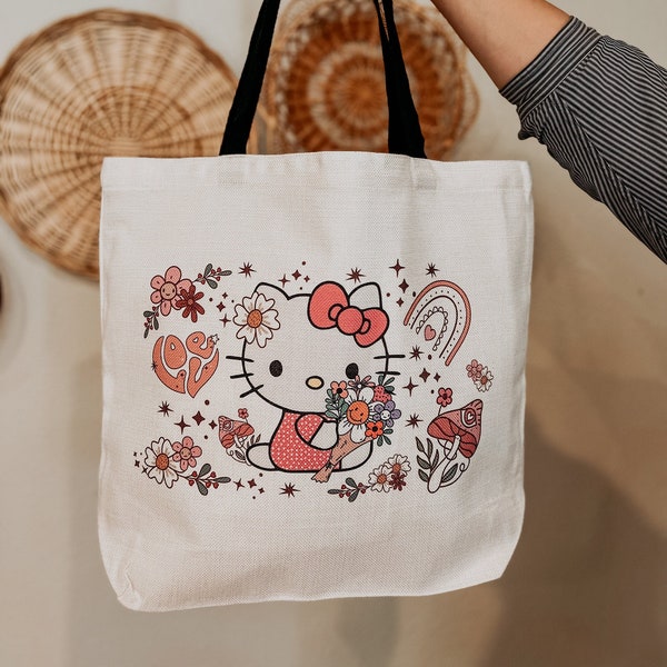 Cute Pink Kitty Large Capacity Reusable Natural Linen Tote Bag, Kitty and friends  Shoulder Bag, Kawaii Purse, Kitty book bag