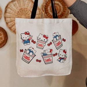 Kitty & Cup Noddles Large Capacity Reusable Natural Linen Tote Bag, kitty and friends  Shoulder Bag, Kawaii Purse