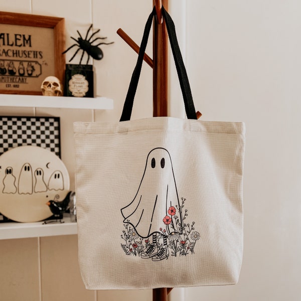 Cute Ghost Large Capacity Reusable Natural Linen Tote Bag, Halloween Shoulder Bag, Spooky Purse, Cute Boho floral Ghost Bag, Halloween Tote