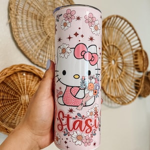 Pink Kitty Insulated Tumbler, Ice Coffee cup with Bamboo Lid & Straw,  gift for her, pink Kitty Cup
