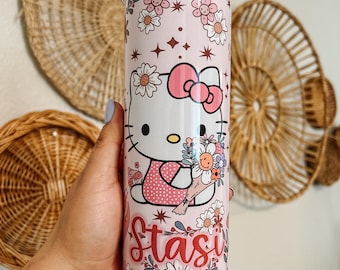 Pink Kitty Insulated Tumbler, Bamboo Lid and Straw