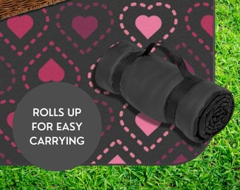 Picnic Blanket Waterproof Washable, Beach Blanket Yoga Outdoor Camping Blanket, Large Gift for Her, Picnic Mat with Strap, Black Pink Hearts