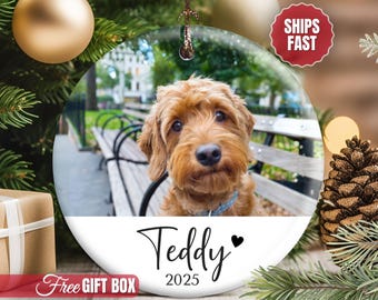 May include: A round ceramic Christmas ornament featuring a photograph of a golden-brown doodle dog sitting on a park bench. The bottom section is white with the name Teddy and the year 2025 printed in black script and sans-serif font.