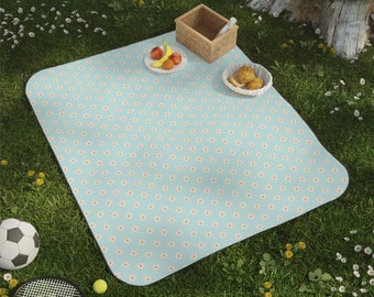 Picnic Blanket Waterproof Washable, Beach Blanket, Outdoor Camping Blanket Large Gift for Her Boho Blue Sweet Daisies Throw Mat with handle