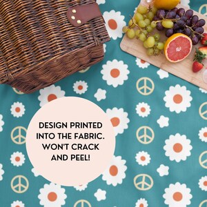 Picnic Blanket Waterproof Washable, Beach Blanket, Outdoor Blanket, Boho Throw Retro Teal Daisies Camping Mat with Strap, Large Gift for Her