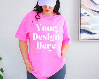 Neon Pink Comfort Colors 1717 Mockup | C1717 Shirt Mockup | Model Mockup | Hot Pink Shirt Mockup | Trendy Mockup | Preppy Shirt Mockup